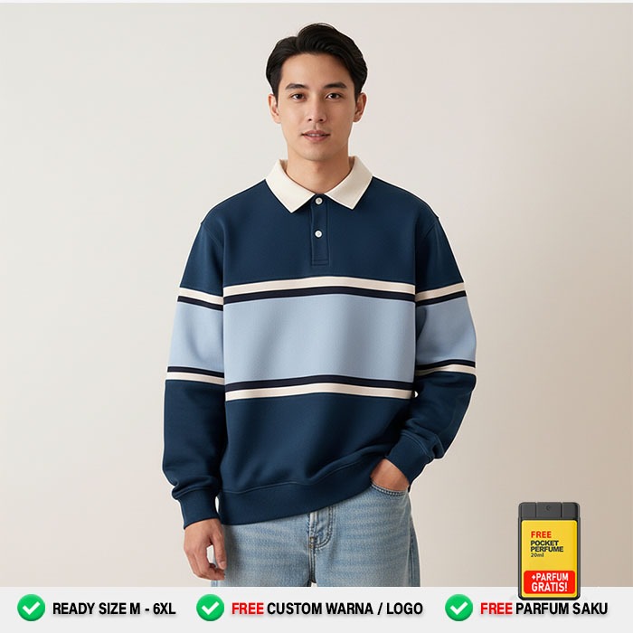 Sweater kerah Pria wanita Kekinian NAVY BABY BLUE CREAM – Polo Crewneck oversize strip tengah - Swea
