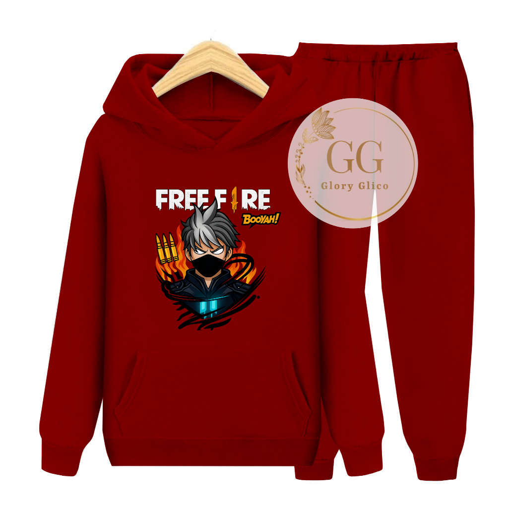 GG Setelan Sweater Hoodie Kantong Anak Remaja Gambar FF Booyah