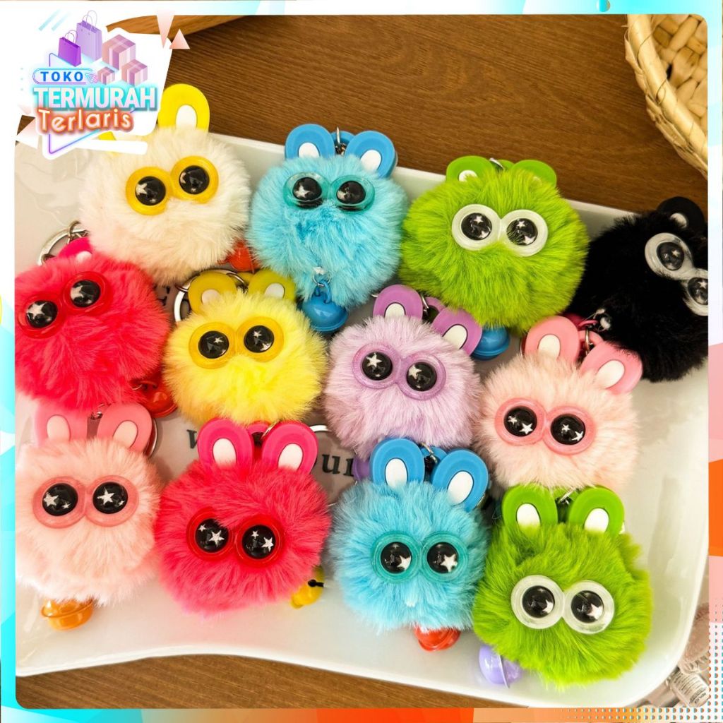 TTT Gantungan Tas Kunci Boneka Bola Bulu Bermata Besar Gantungan Kunci Kelinci Dengan Lonceng Bag Ch