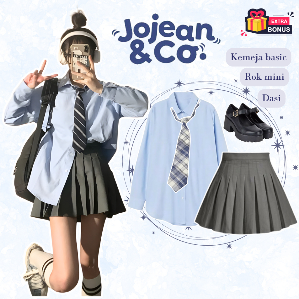 Oneset One set 3in1 setelan wanita kemeja basic polos rok pendek tenis mini plisket dasi tali ikat |