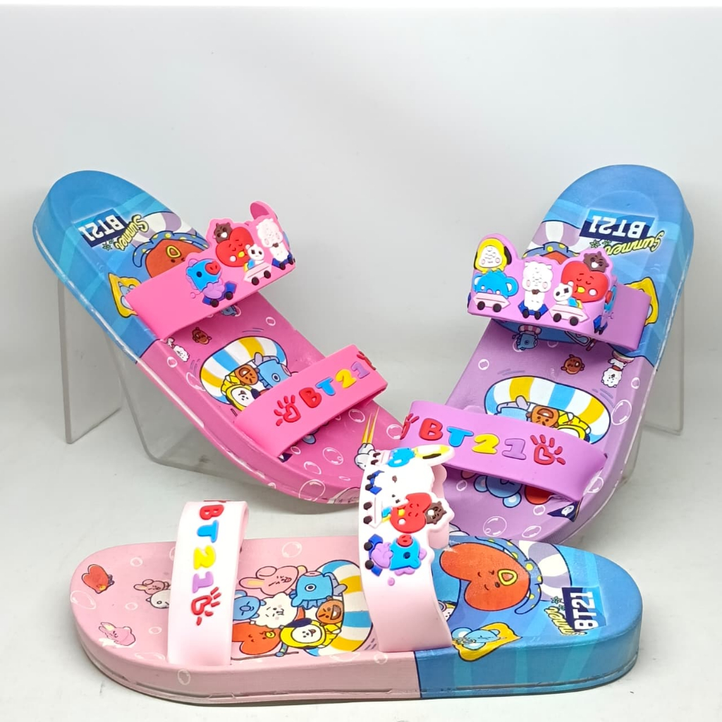 3066 Sandal Slop Ban 2 Anak Perempuan Motif BT21 Warna Warni /Sandal Karet Lucu Empuk 30-35