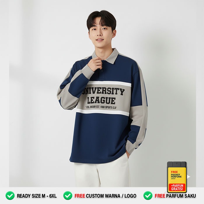 Sweater kerah university Pria wanita Kekinian NAVY GREY – Polo Crewneck oversize strip tengah - Swea