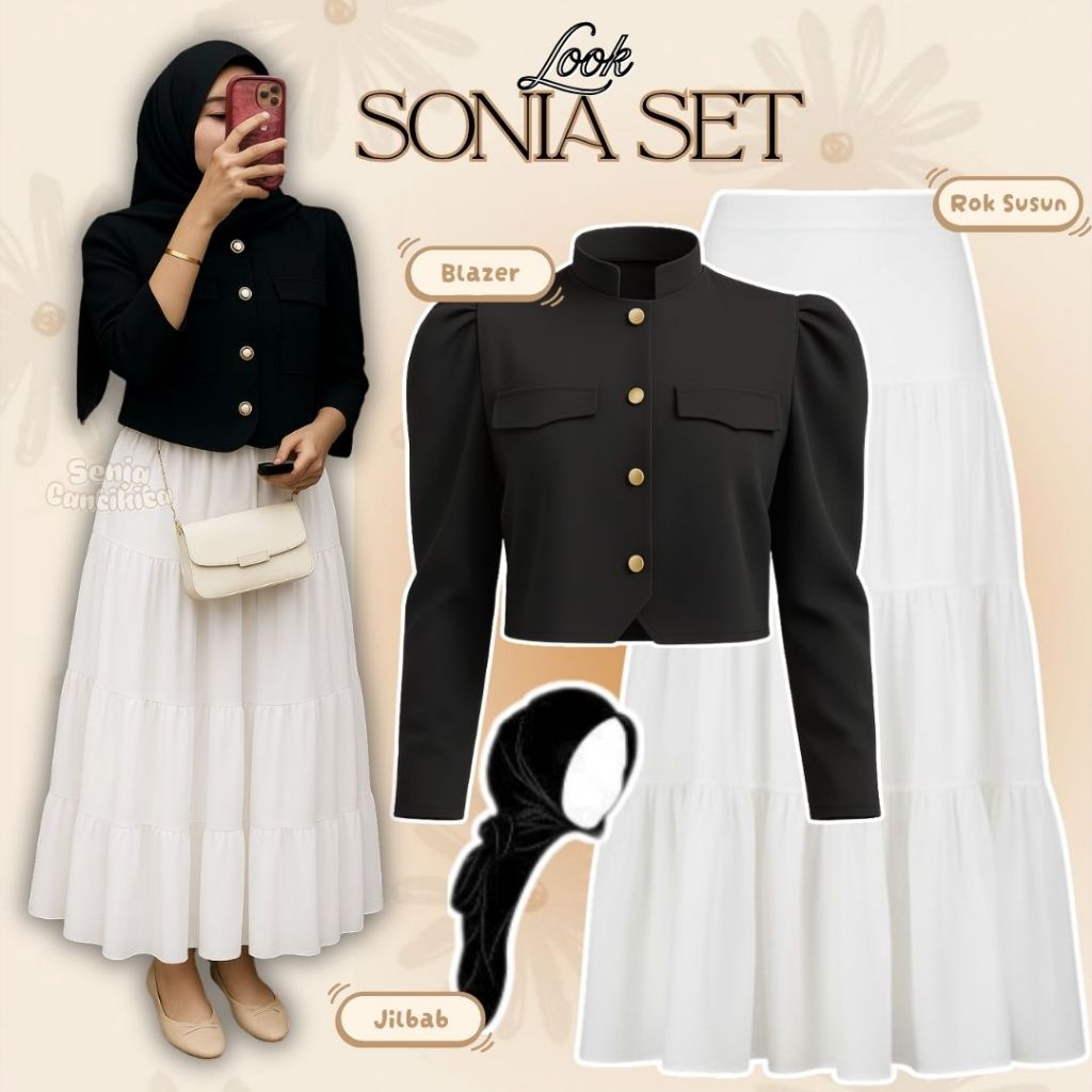 Setelan 3in1 Look Sonia Set (Blazer Crop Top Hitam Rok Susun Warna Putih dan Jilbab Bella) - SC058