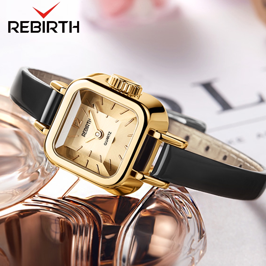 REBIRTH Jam Tangan Wanita 2047 Retro Square Dial Tali Kulit Quartz Jam Cewek Kecil