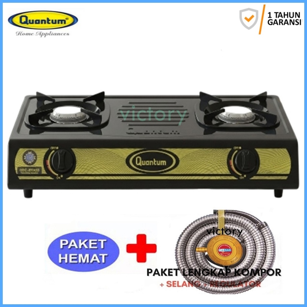 Kompor 2 Tungku Quantum QGC211MSB Body Teflon Burner Stainless Steel