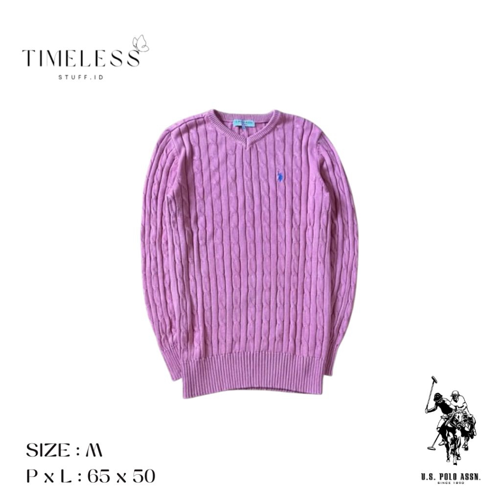 USPA Cable Knit V Neck Cotton in Pink
