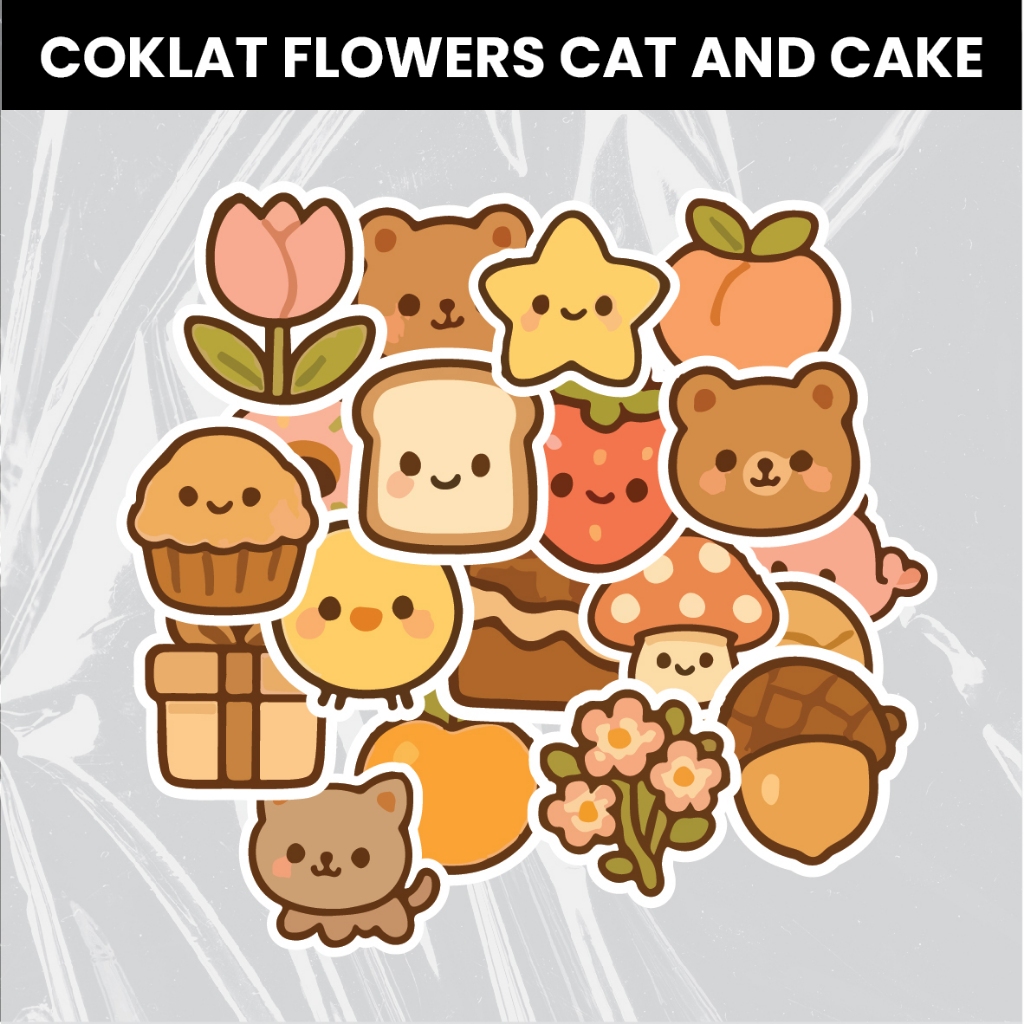 Sticker Pack Coklat Flowers Cat And Cake | Sticker Vinyl Anti Air | Sticker Case | Sticker Aesthetic