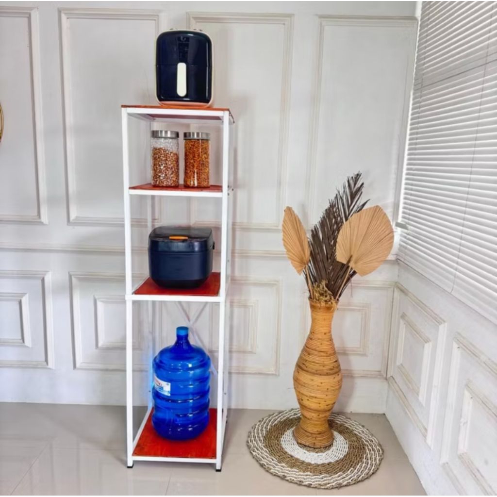 Rak Penyimpanan Susun 4 Tingkat Etalase Barang Pajangan Bahan Besi Hollow dan menggunakan Rail