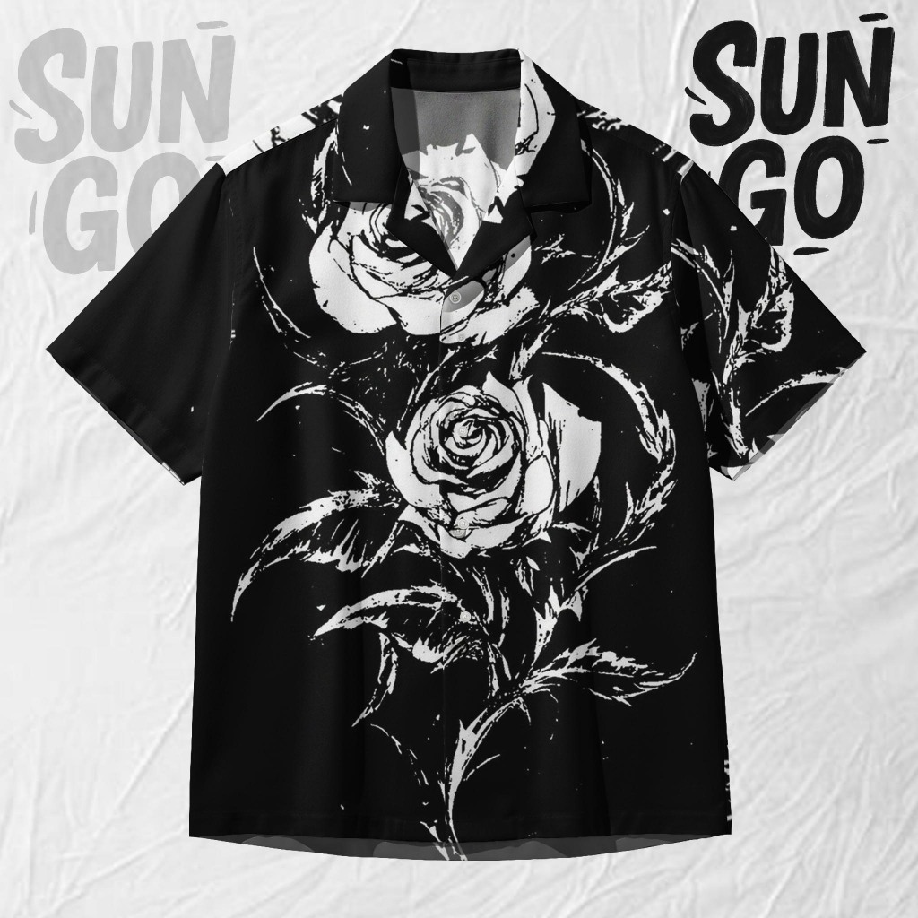 SUN GO Kemeja Gothic Pria Motif Mawar – Baju Bunga Duri Monokrom Keren | SG158