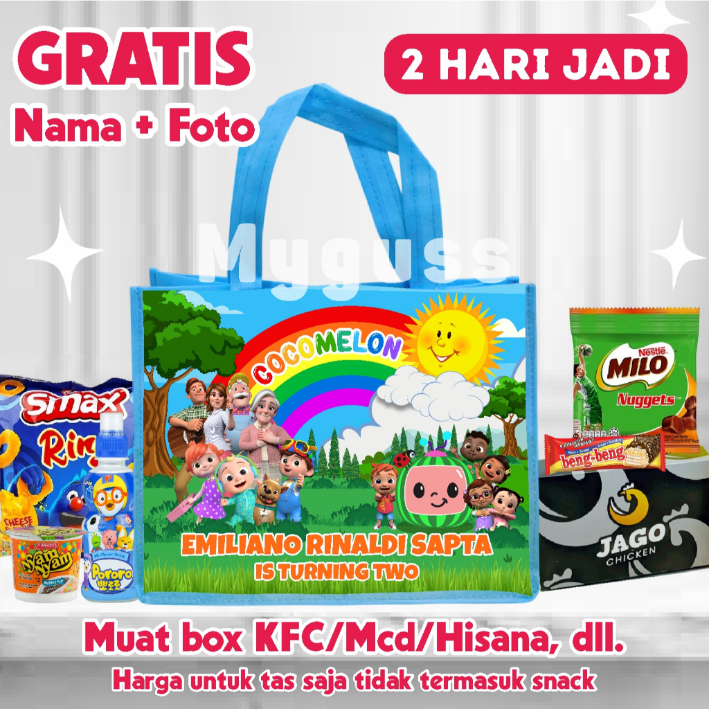 Tas Ultah Anak Free Nama Umur Foto||Goodie Bag Spunbond||Tas Custom Ulang Tahun Anak Tema Cocomelon