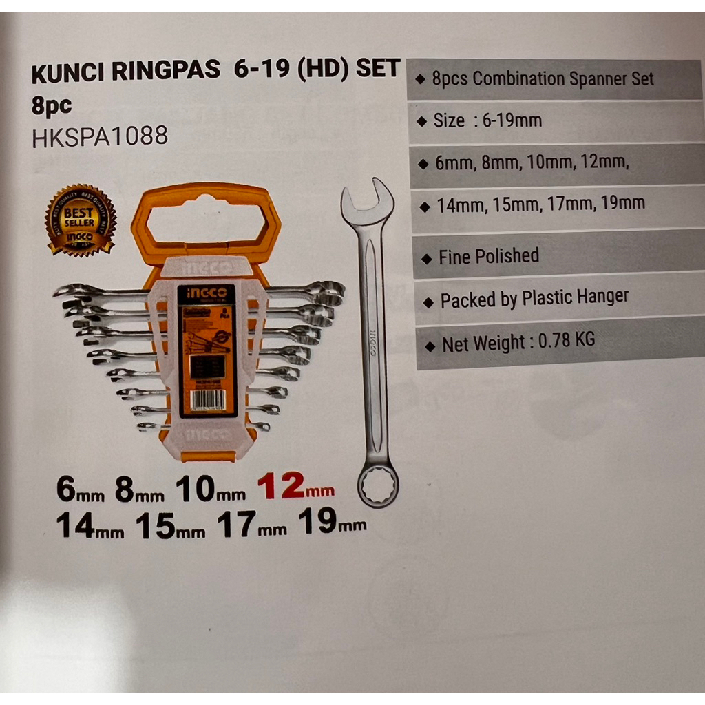 INGCO Kunci ring pas 6-19 set 8pcs (6,8,10,12,14,15,17,19)