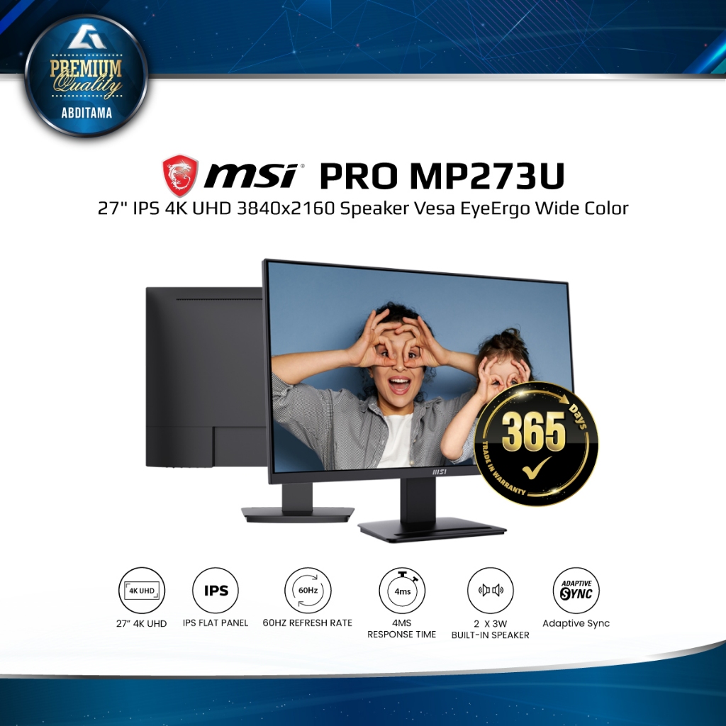Monitor LED MSI Pro MP273U 27" IPS 4K UHD 3840x2160 HDMI x2 DP x1 Speaker Vesa EyeErgo Anti Flicker 