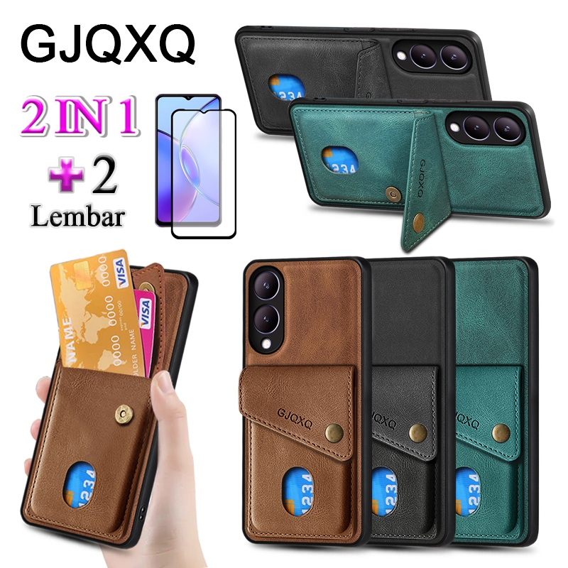 GJQXQ 2 In 1 Casing For VIVO Y17S Case Kulit Premium Dengan Slot Kartu Kredit Dompet Film Keramik La