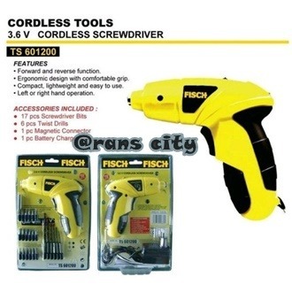 FISCH BOR OBENG CORDLESS BATERAI LENGKAP DENGAN CHARGER , MATA BOR , MATA OBENG