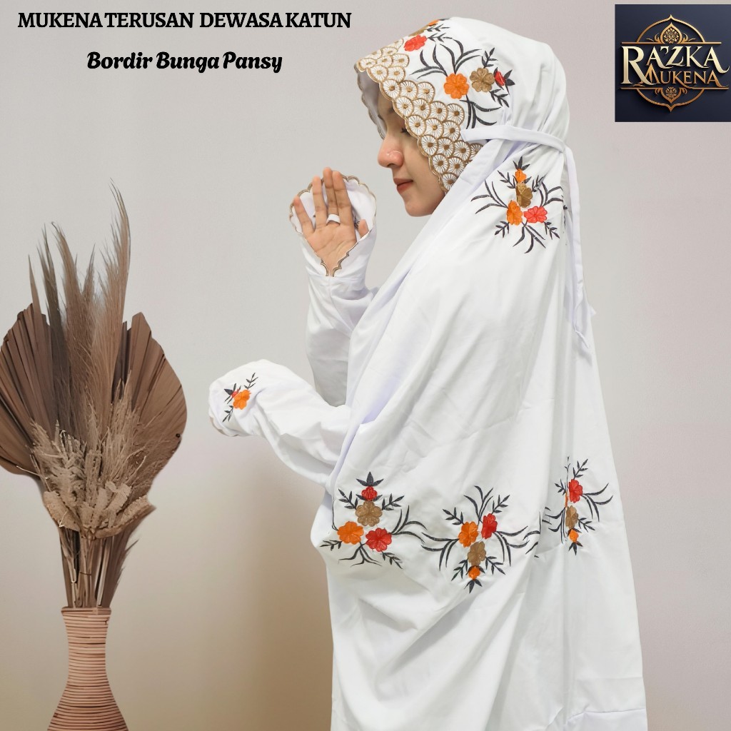 Mukena Terusan Dewasa Bahan Katun Polino Motif Bordir Bunga Pansy Indah