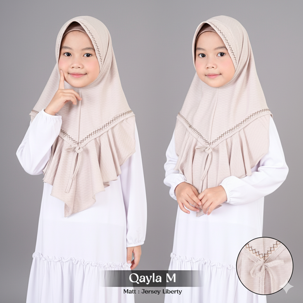 Qayla M Hijab Instan Anak Bahan Jersey Jaguar Rempel Pita Bordir Vicot Size 4 - 8 Tahun TK - SD