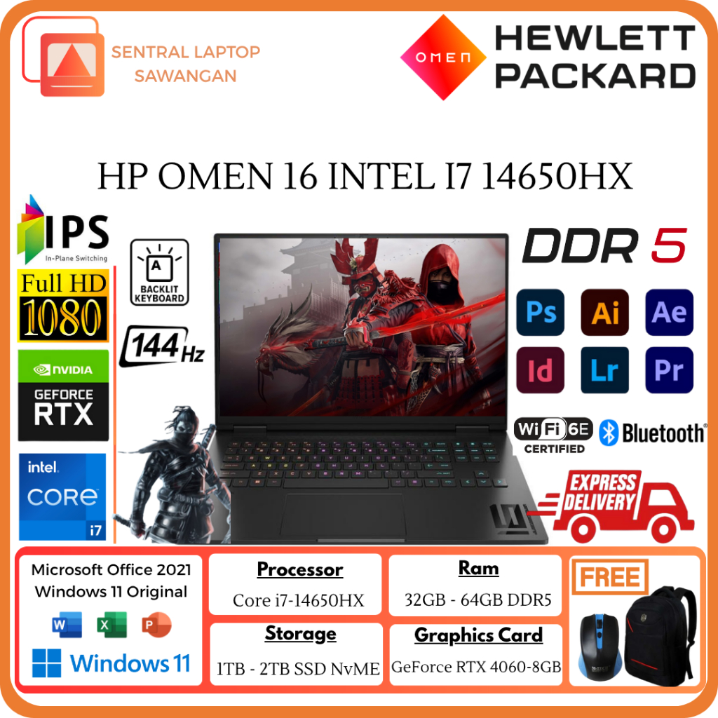 LAPTOP GAMING TERBAIK HP OMEN 16 Intel Core i7 14650HX 64GB DDR5 2TB SSD 16.1 FHD IPS 144Hz Win 11