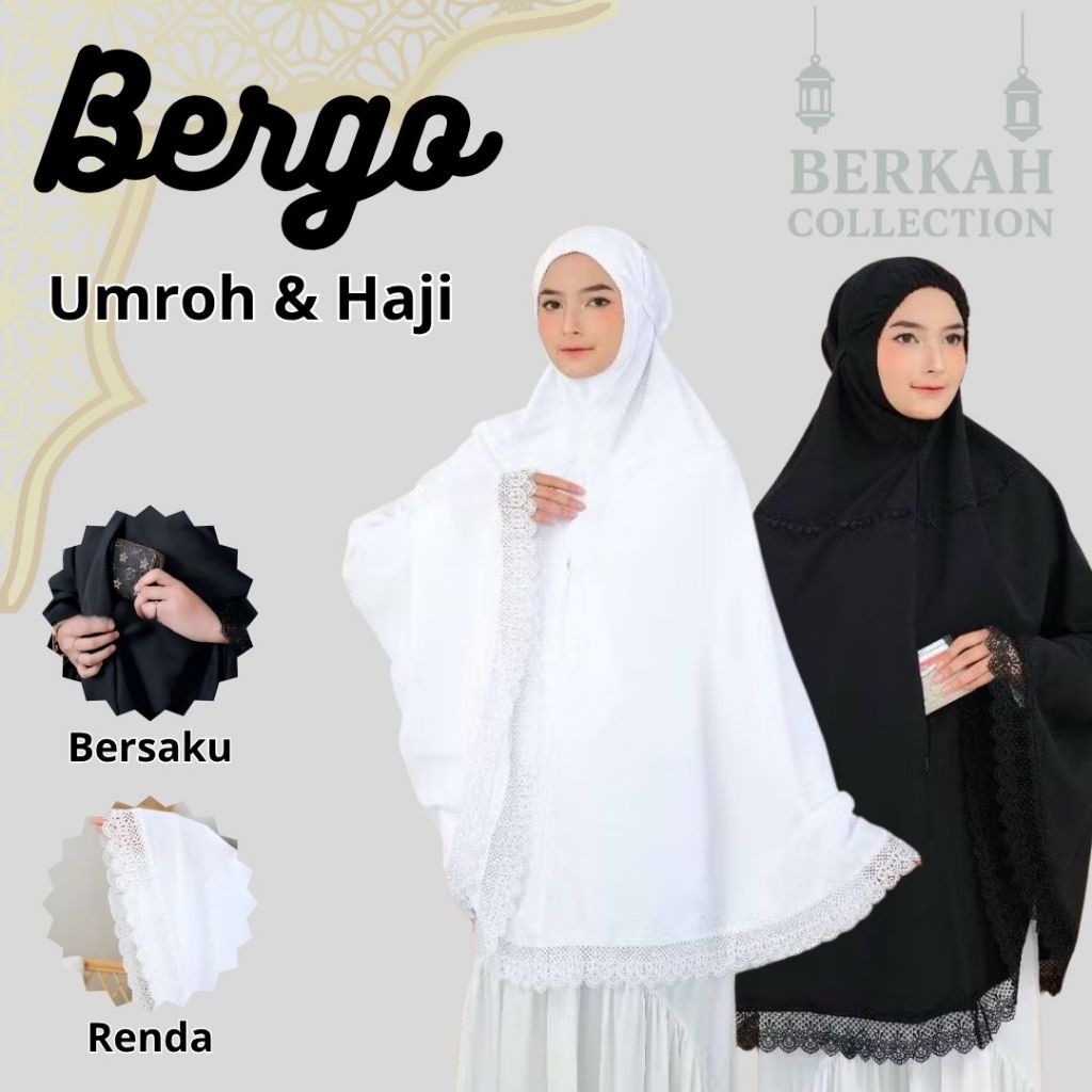 Bergo Haji Umroh Bersaku Renda Mewah Bahan Katun Premium Jumbo Hitam dan Putih