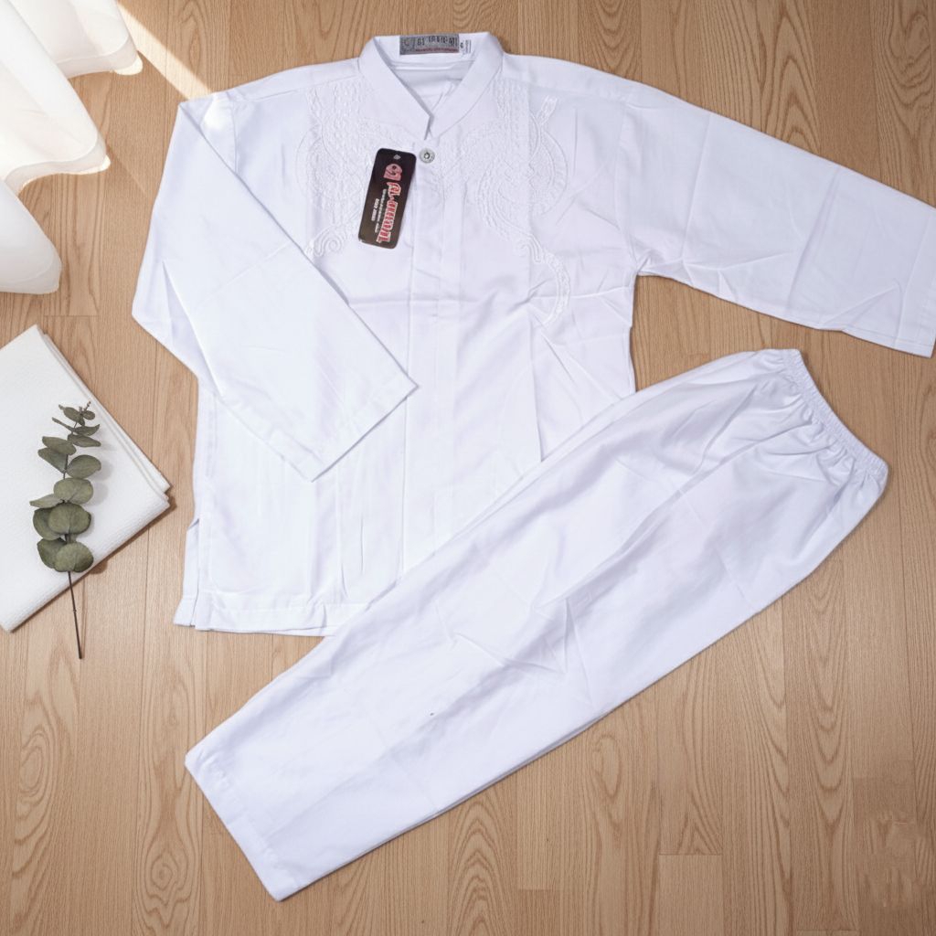 (GBKM) SETELAN BAJU KOKO ANAK PUTIH PANJANG BAHAN KATUN BAJU MANASIK MAULID ANAK SEKOLAH MENGAJI BOR