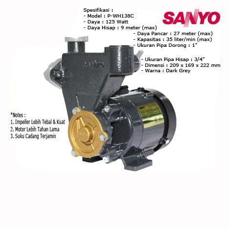 Sanyo PWH 138 C Pompa Air Sanyo / Pompa Sumur Dangkal / Pompa Non Otomatis / PWH138C / 138