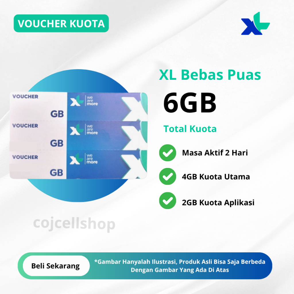 Voucher Kuota XL 6GB Full 24 JAM Masa Aktif 2 Hari - Voucher XL Bebas Puas 6 GB 2 Hari - Paket Data 