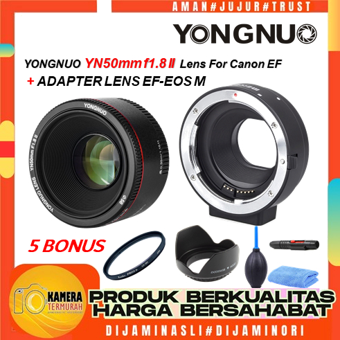 Lensa Fix Yongnuo YN 50mm F1.8II  YN50mm F1.8 II  AF Autofocus for Canon+Adapter Eos EOS M M100 M3 m