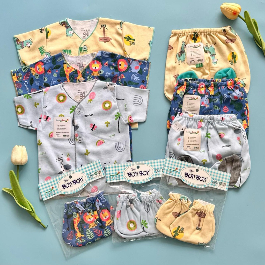 3 setelan bayi baju pendek motif bonbon + STK