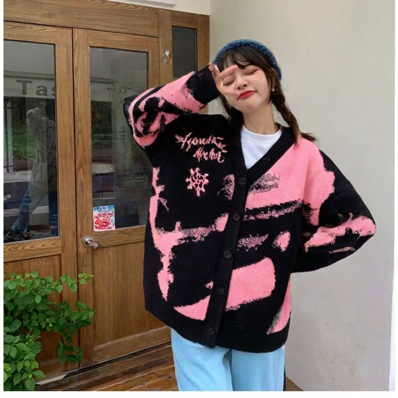 Cardigan Rajut Wanita Motif Garis-Garis Hitam-Dusty