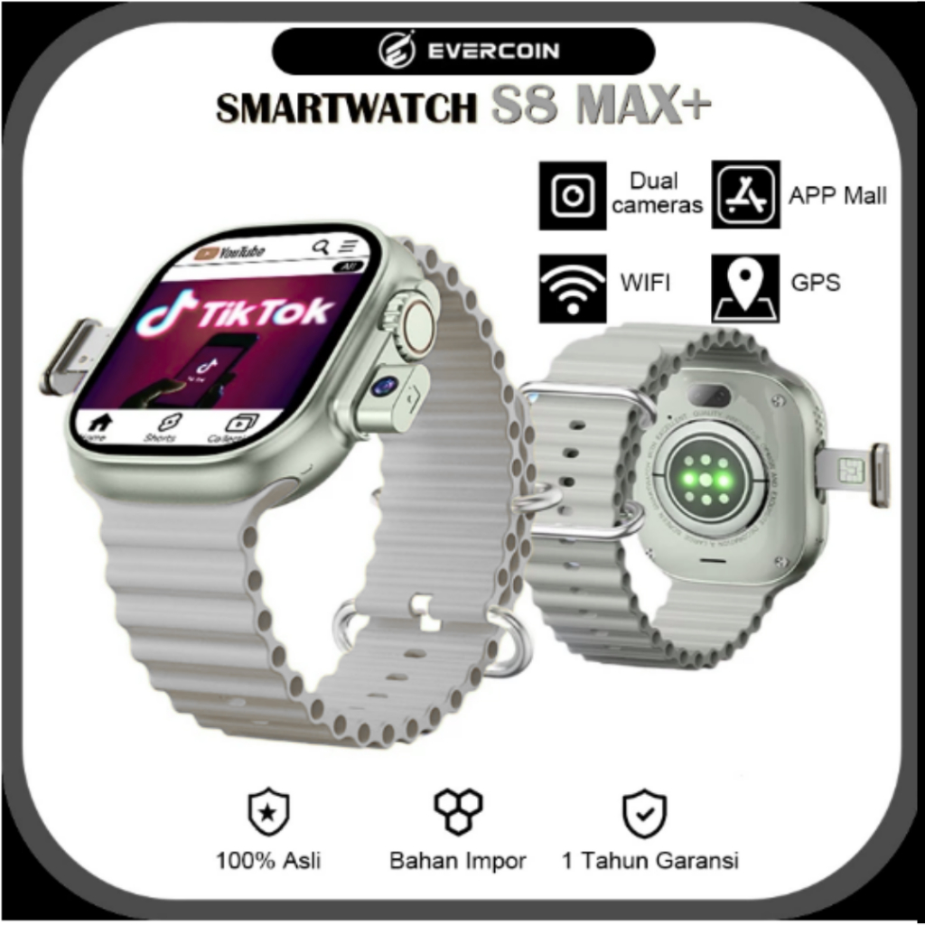 EVERCOIN S8 MAX+ Smartwatch Wi-Fi/SIM Card 5G Dengan Panggilan Video Kamera Ganda, Pemosisian GPS