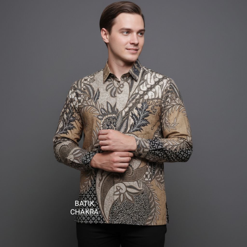 Kemeja batik pria COKLAT SUSU lengan panjang bahan katun lapis furing motif terbaru