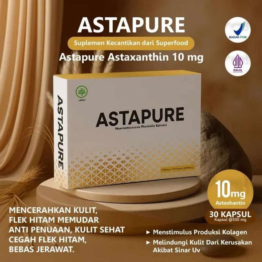 Astapure Astaxanthin 10mg - Suplemen Anti Aging, Mencerahkan & Memudarkan Flek - BPOM HALAL Isi 30 K