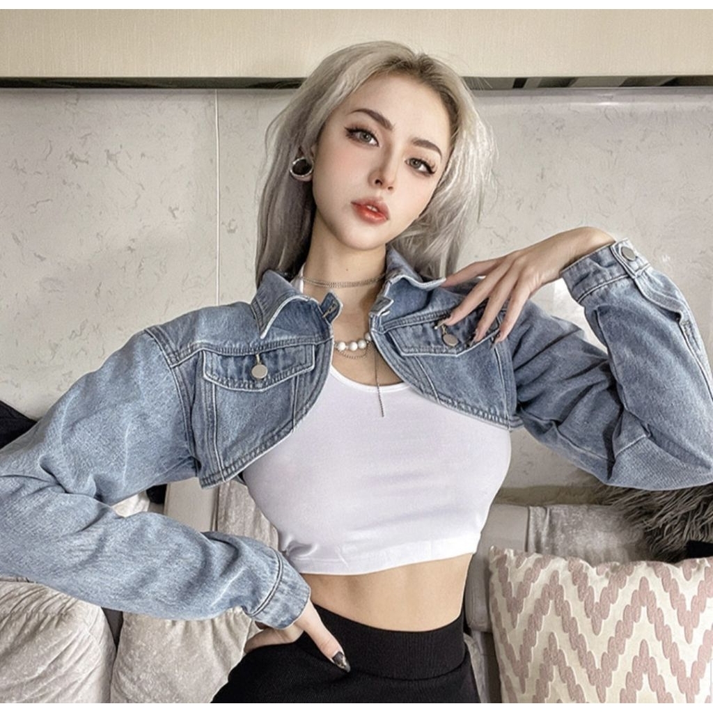 OO Outer jacket Denim jeans Crop top wanita lengan panjang