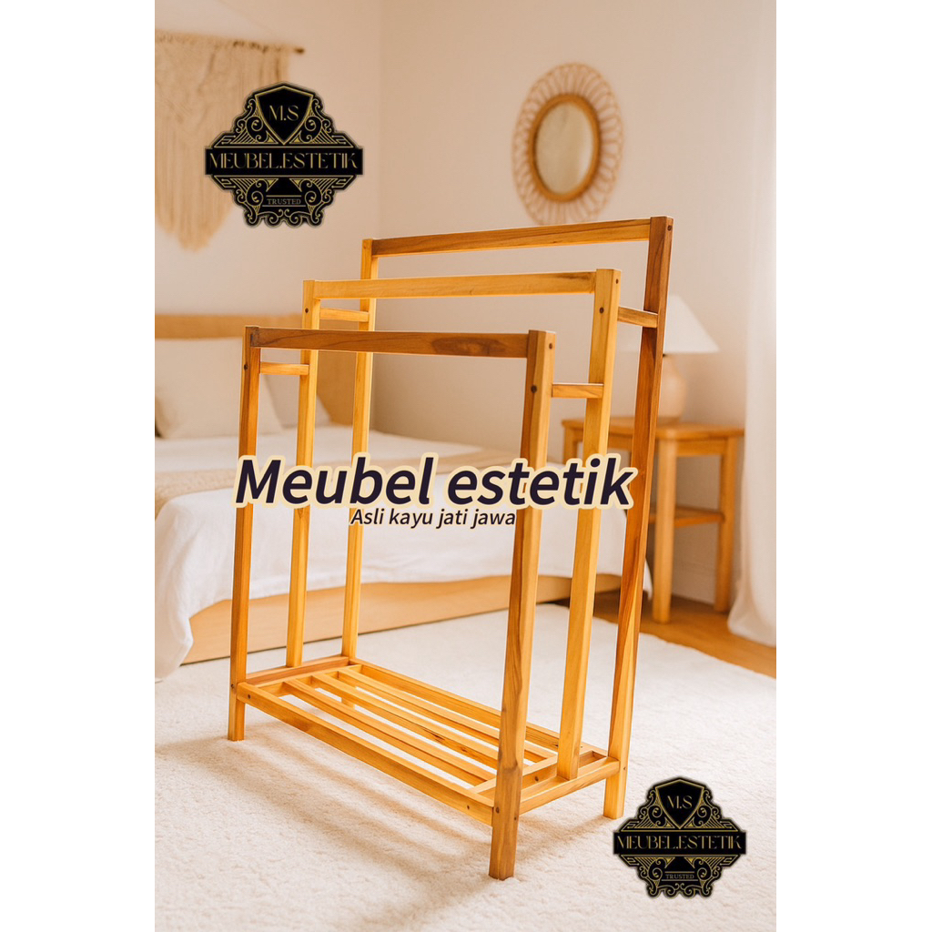 Jemuran Handuk Gantungan handuk rak handuk dengan bawah ada tempat rak serbaguna kayu jati asli anti