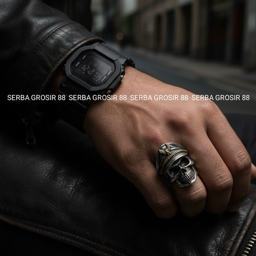 Jam Tangan Digital Pria Sporty + Cincin Tengkorak Titanium Adjustable | Aksesoris Pria Keren Anti Ka
