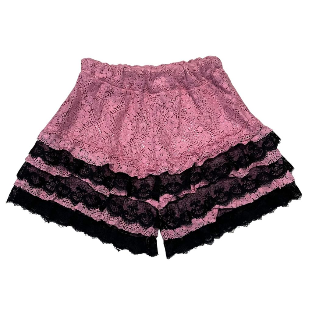 Tiered Lace Floral Knit Black Pink Coquette Mini Skort | shorts rok celana pendek bloomers puffy bru