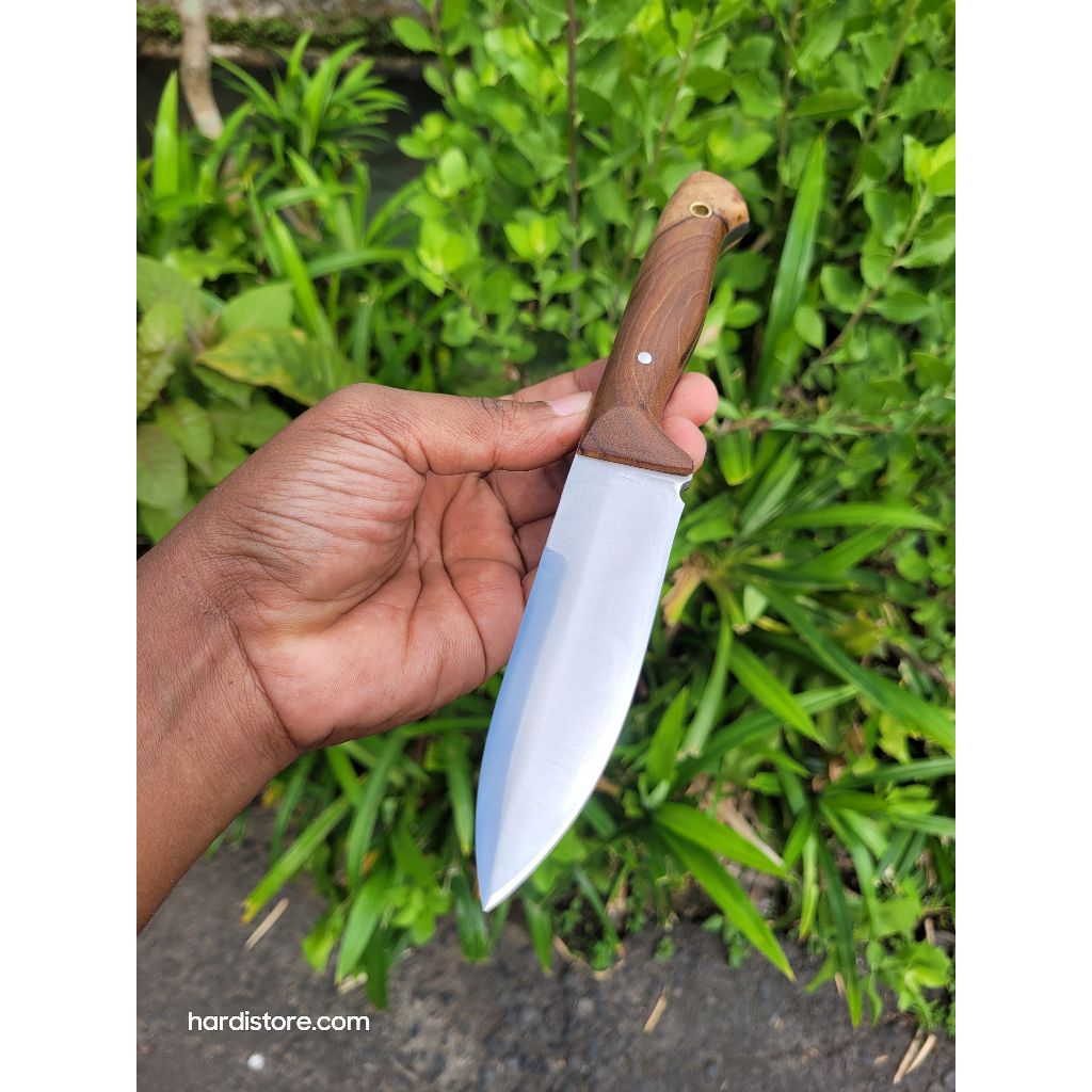 Pisau Bushcraft 10,5 cm Baja Carbon Stell Sup9 Handle Kayu Jati Fulltang buat Ngebolang Survival
