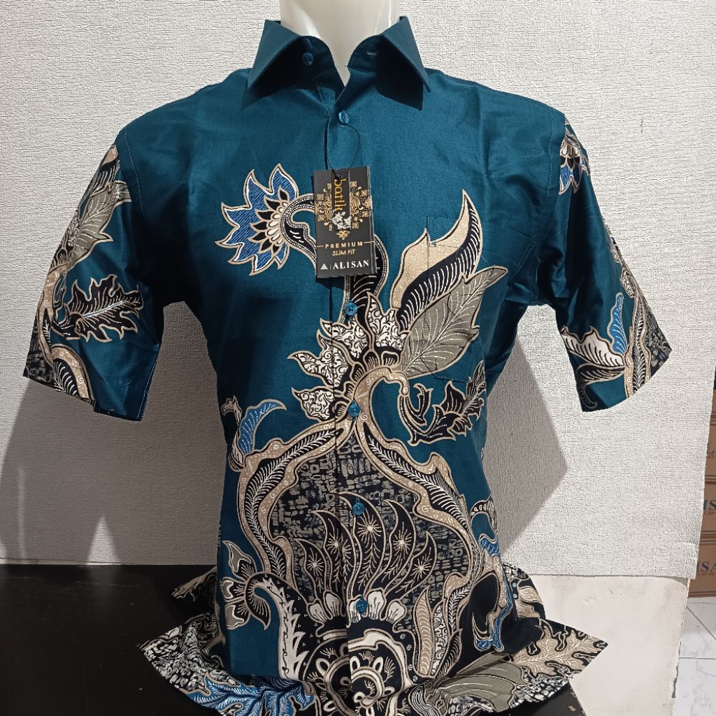 LENGAN PENDEK SLIMFIT ALISAN Batik PREMIUM 20054 Daun Lengkung Toska/Merah