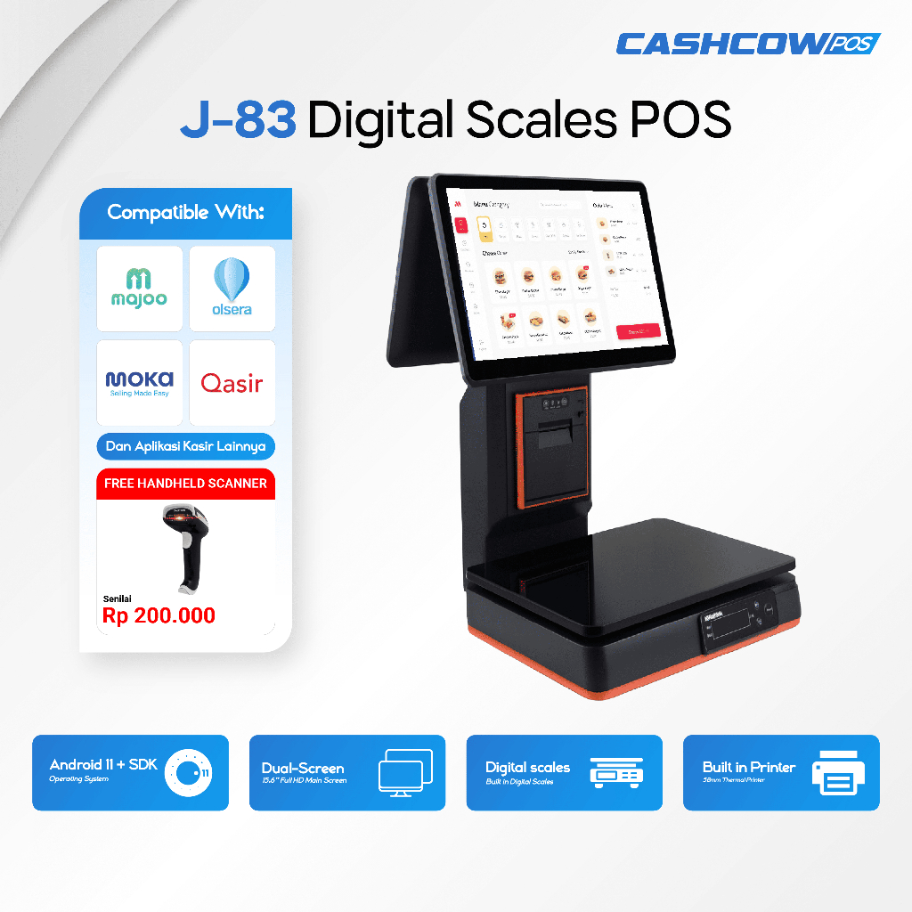 CashCowPOS J-83 – POS Timbangan Digital Dual-Screen Android 11 + Printer & Touchscreen untuk UMKM da
