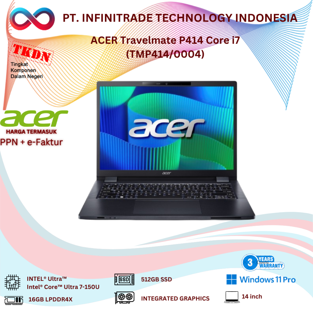 ACER TRAVELMATE P414 (TMP414/0004) ULTRA 7-150U 16GB 512GB INTEL WINDOWS 11 PRO - 3 YEAR