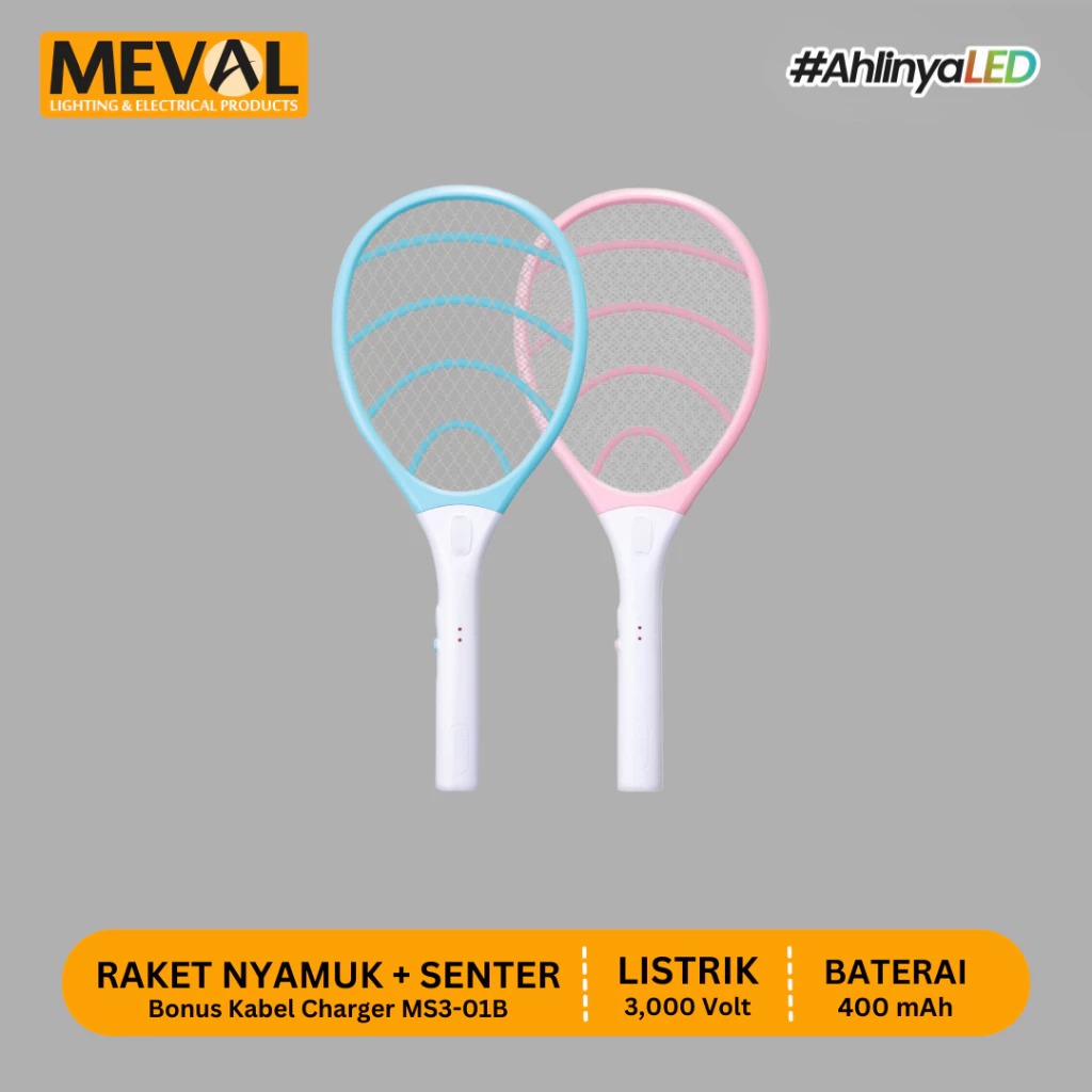 Meval Raket Nyamuk + Senter LED + Kabel Charger (Merah Muda-Putih-Biru-Hijau)
