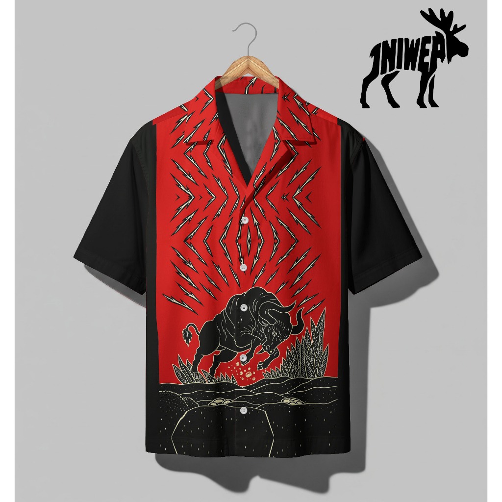 INIWEAR KEMEJA FULLPRINT Banteng Agresif Merah Hitam Simbol Kuat Unisex Pakaian Distro Edgy | P-Bati