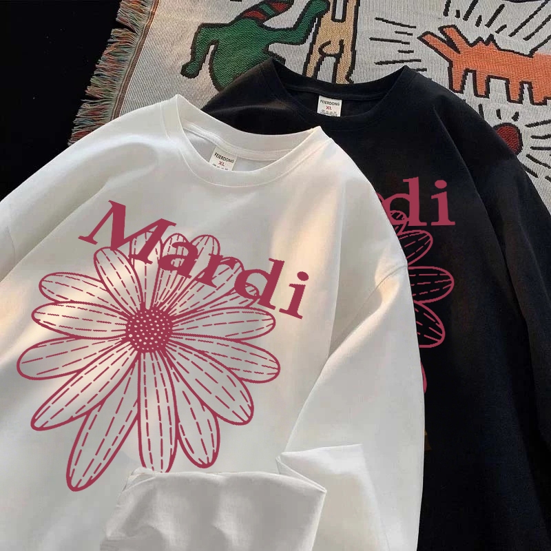 XZHAINV Kaos lengan panjang wanita Korea dengan motif bunga daisy/atasan longgar lengan panjang puti