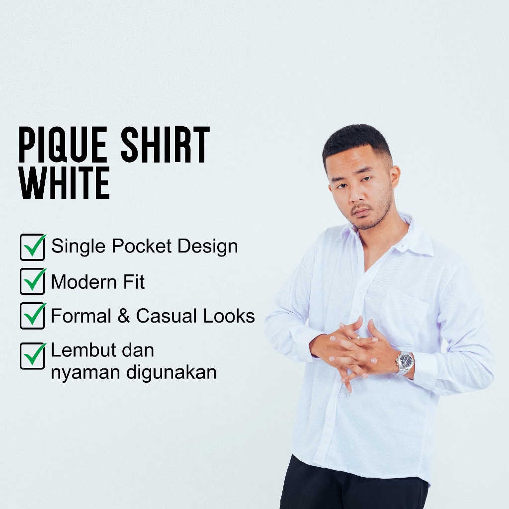 Kemeja Pique Tebal Lengan Panjang Bahan Tebal Tidak Terawang Warna Putih