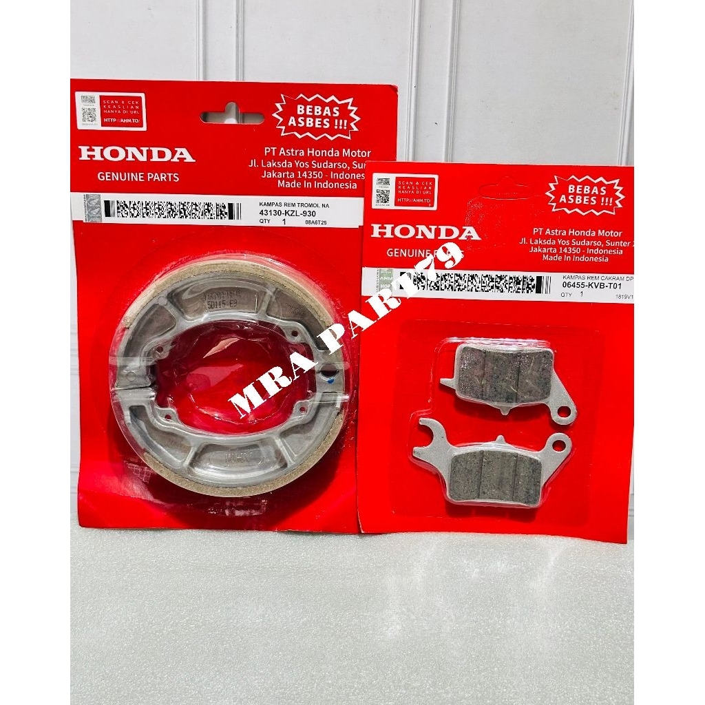 Kampas rem depan KVB + Kampas rem belakang KZL Beat street K1A 2020-2025 Scoopy K2F  2020_2025