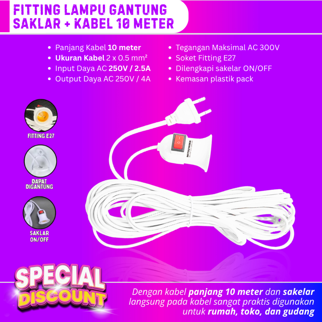 Fitting Lampu Gantung Kabel 10 Meter Saklar On/Off Fitting Lampu E27 Saklar + Kabel 10 Meter Fiting 