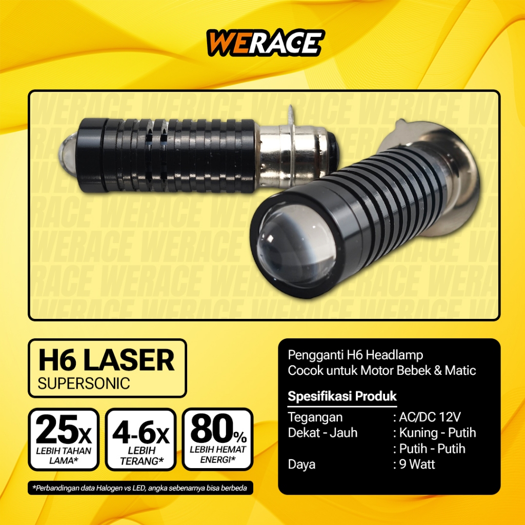 WERACE LED H6 SUPERSONIC Laser D2 2 Warna Model Bebek PNP Putih Kuning 12 Volt Cahaya Lebar