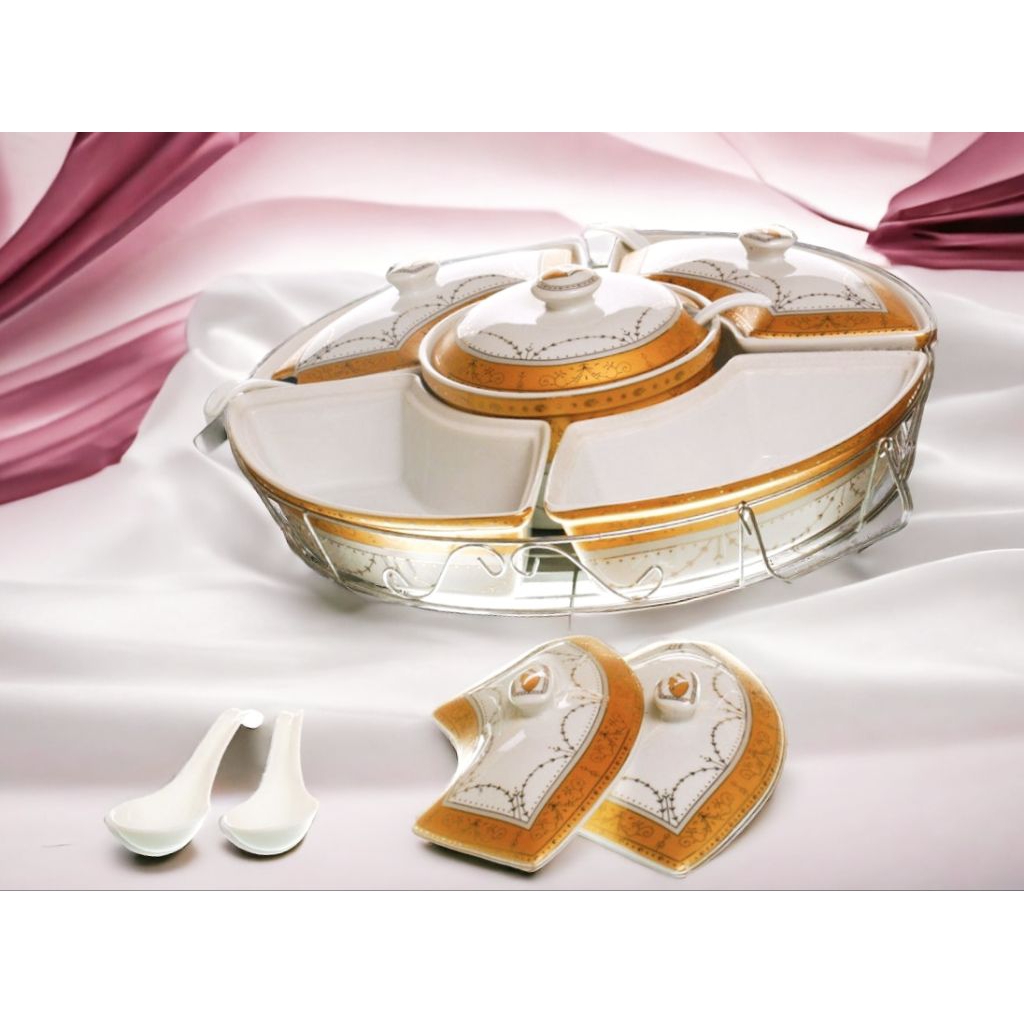Prasmanan Padi set wadah saji Vicenza set B472, dilengkapi roller dengan 5 mangkuk saji porselain, 5