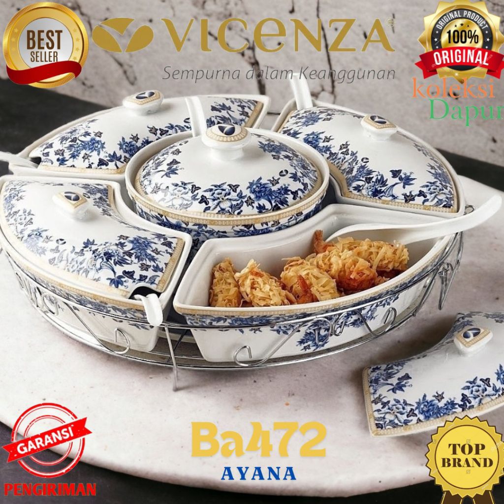 Prasmanan Ayana wadah saji Vicenza motif ayana set Ba472 dengan roller, 5 mangkuk saji porselain dan