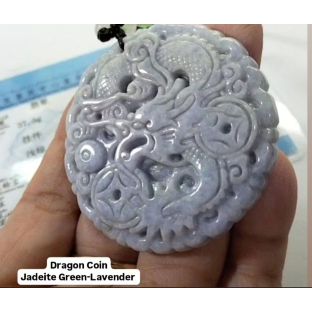 Liontin Giok Naga Koin Dragon Coin Jadeite Hijau-Lavender Asli Bersertifikat 0242