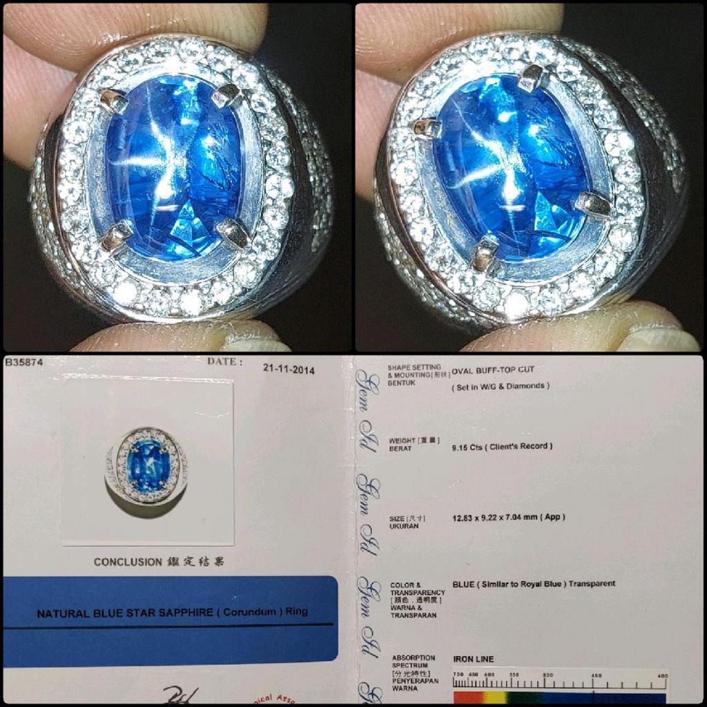 Natural Similar Royal Blue Star Sapphire Crystal Gems Batu Permata Safir Biru Ring Gold Diamond